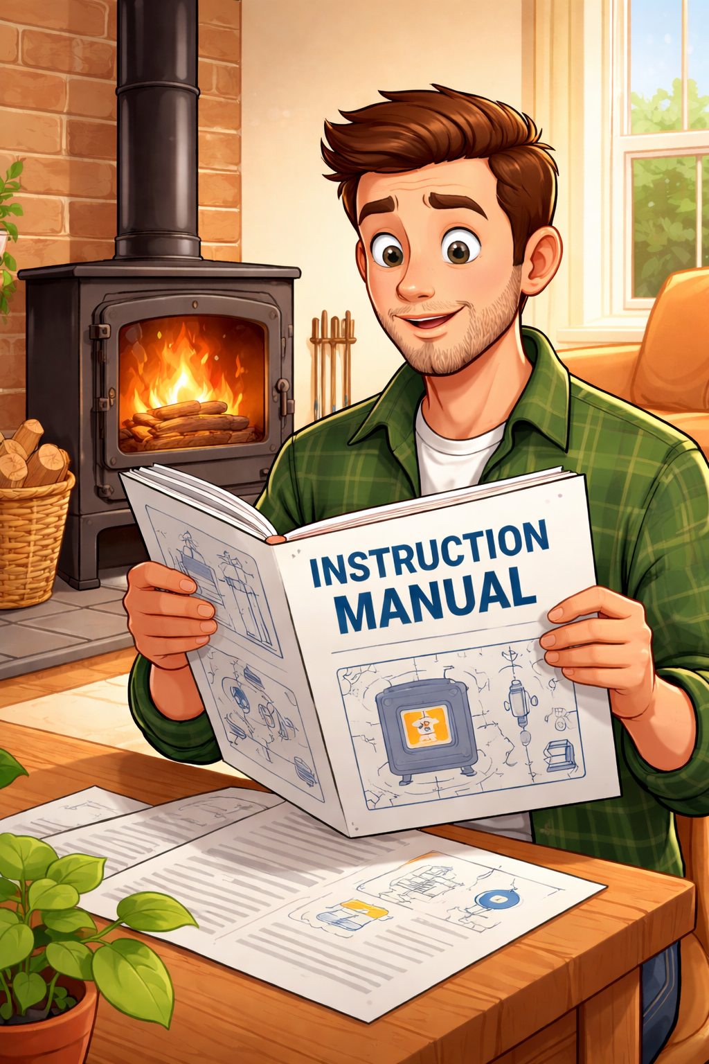 Log burner user reads instruction manual for logburner